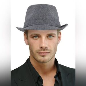 Men’s Gray Wool Blend Fedora Hat Light White Pinstriped Felt Classic Dress Hat